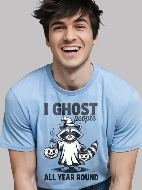 Light Blue close-up – raccoon in ghost costume shirt with Halloween bucket light blue