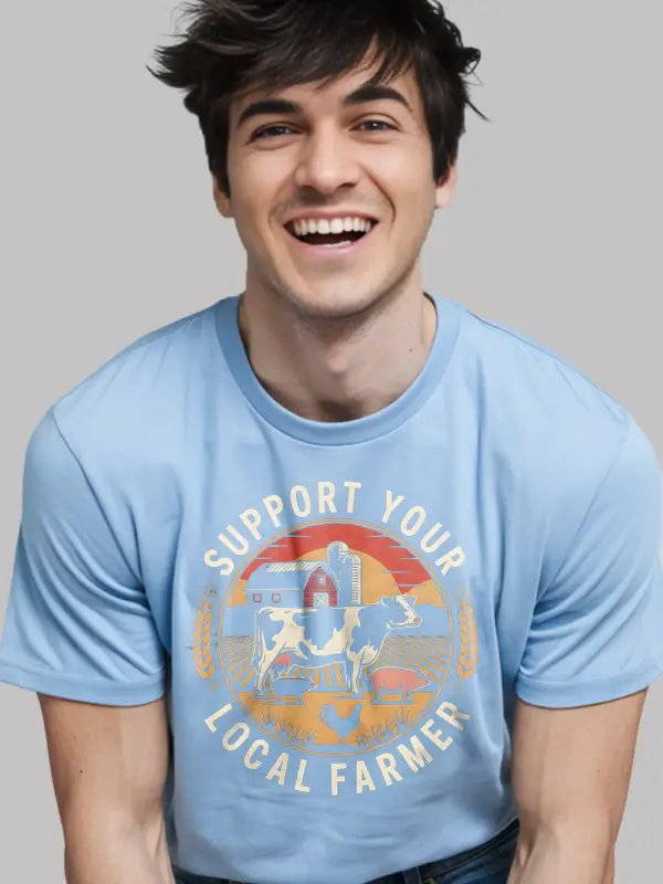 light blue Lifestyle Shot - Local Food Graphic Tee - support your local farmer t-shirt