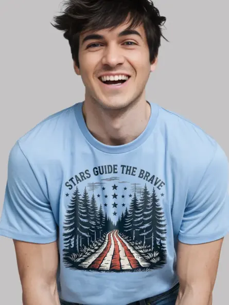 Patriotic Forest American Flag T-Shirt – Stars Guide the Brave - Image 6