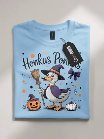 light blue flatlay honkus ponkus duck halloween t-shirt front view