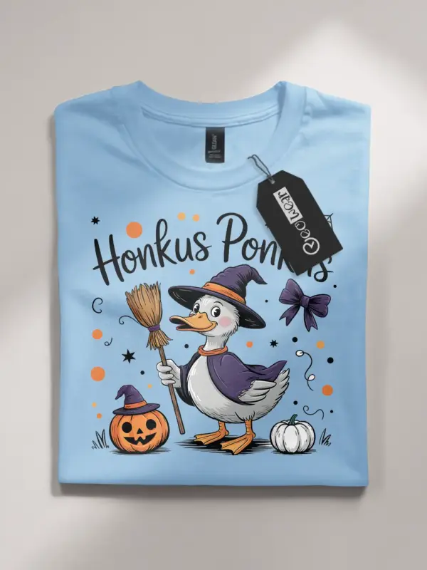 light blue flatlay honkus ponkus duck halloween t-shirt front view