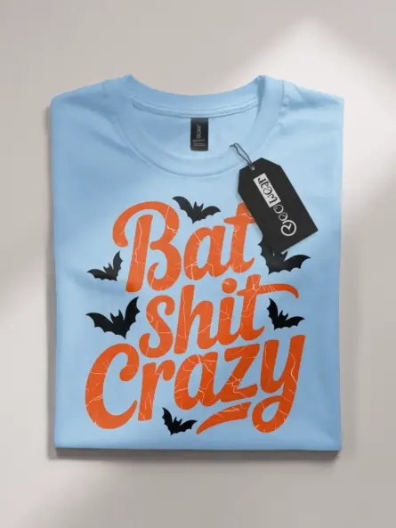 light blue flatlay Shirt Front View – Bat Shit Crazy – funny bat Halloween t-shirt