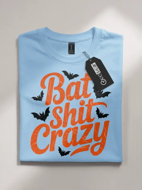 light blue flatlay Shirt Front View – Bat Shit Crazy – funny bat Halloween t-shirt