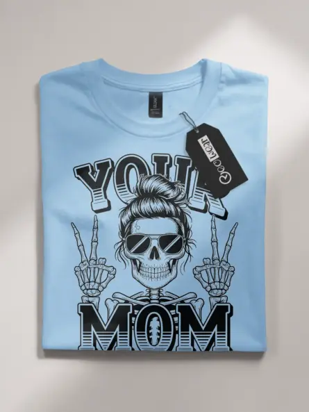 light blue flatlay front view funny punk mom t-shirt skeleton design