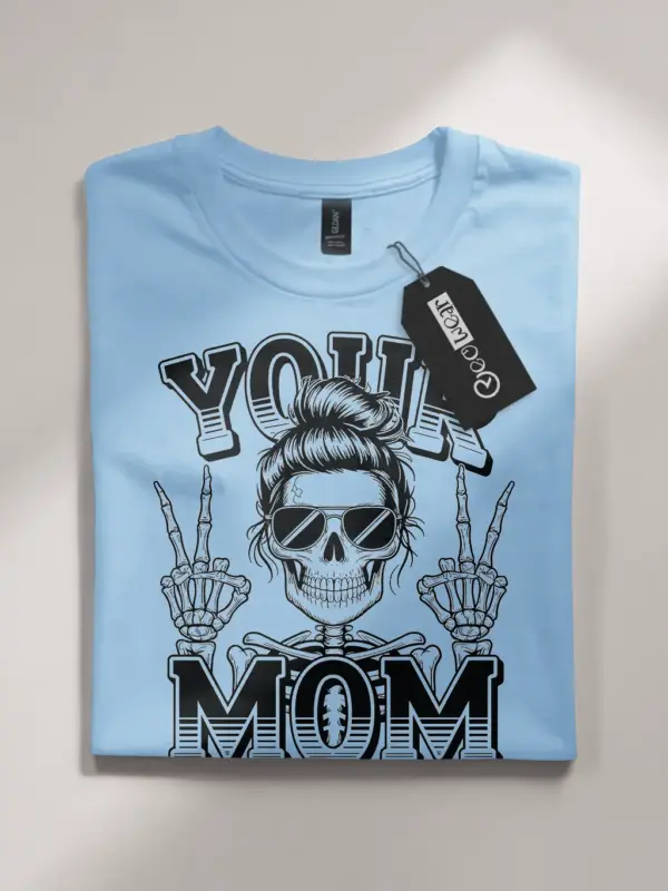 light blue flatlay front view funny punk mom t-shirt skeleton design