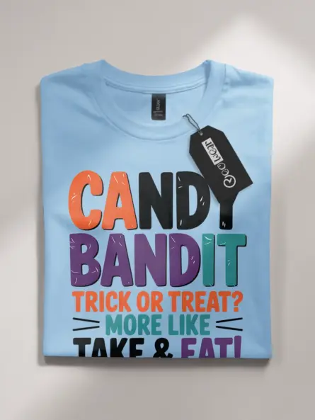 light blue flatlay Shirt Front View – Candy Bandit – candy bandit kids Halloween t-shirt