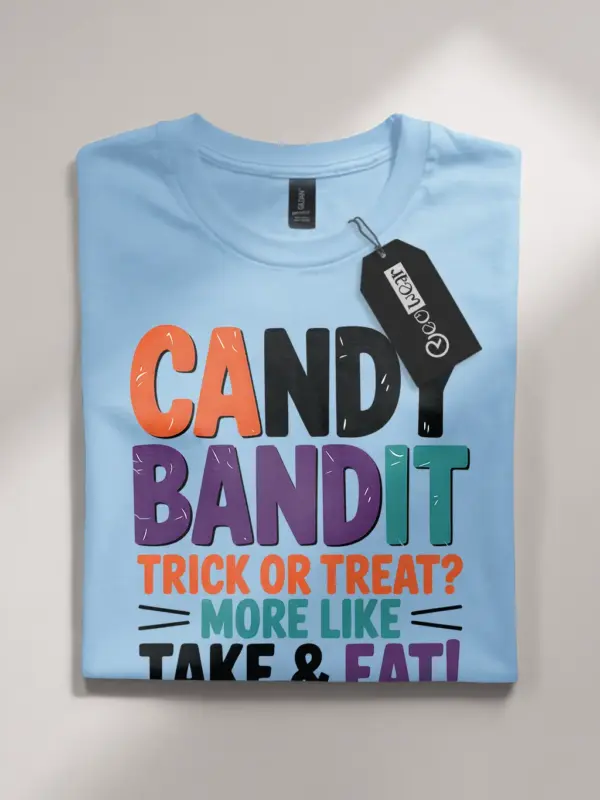 light blue flatlay Shirt Front View – Candy Bandit – candy bandit kids Halloween t-shirt