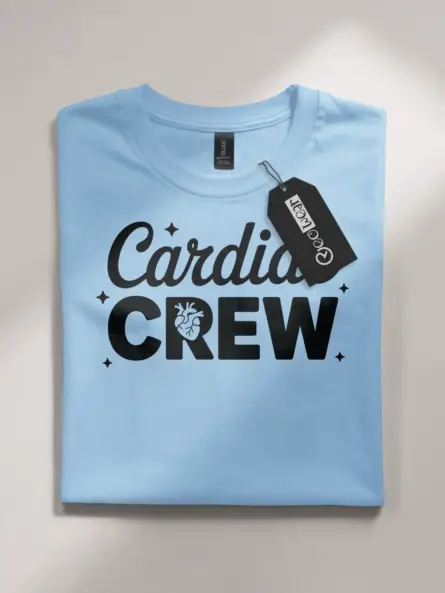light blue cardiac crew shirt front view design with anatomical heart