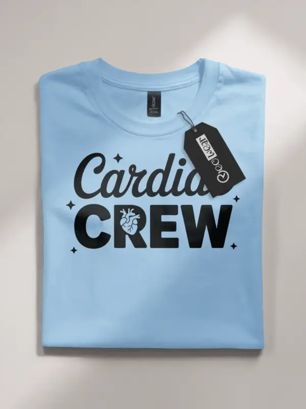 light blue cardiac crew shirt front view design with anatomical heart