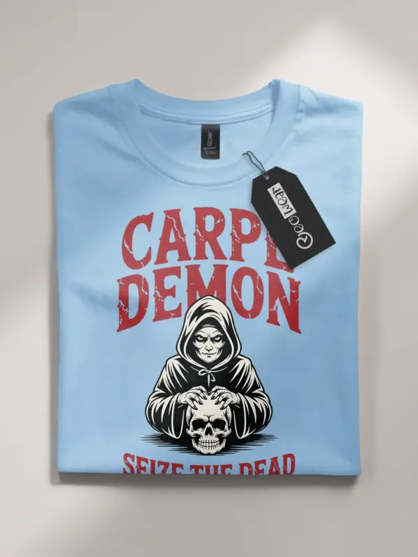 light blue flatlay Shirt Front View – Carpe Demon – carpe demon reaper t-shirt