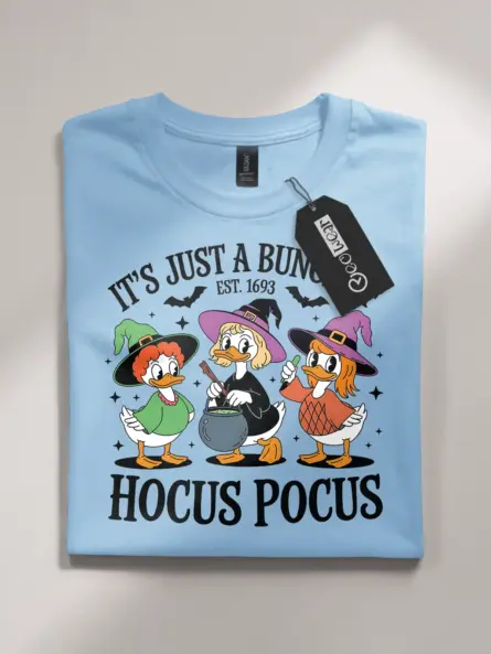 light blue flatlay Front – Just a Bunch of Hocus Pocus T-Shirt with Vintage Cartoon Ducks
