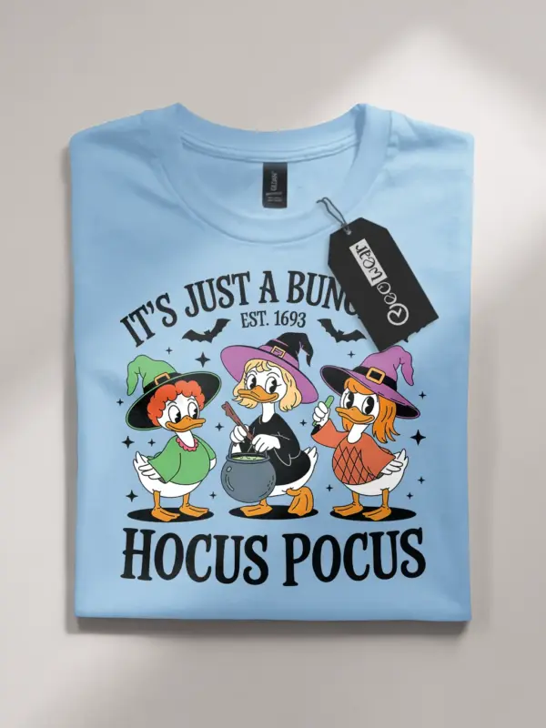 light blue flatlay Front – Just a Bunch of Hocus Pocus T-Shirt with Vintage Cartoon Ducks