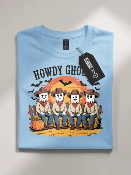 light blue flatlay western ghost Halloween t-shirt