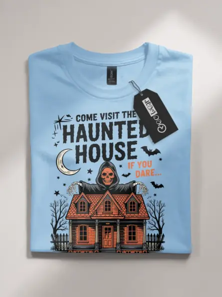 Light Blue front view – spooky Victorian house light blue vintage haunted house t-shirt