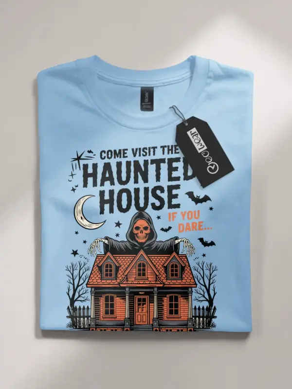 Light Blue front view – spooky Victorian house light blue vintage haunted house t-shirt