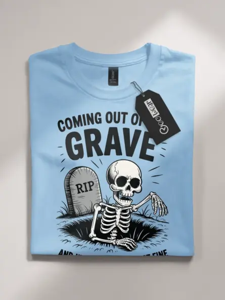 light blue front – funny skeleton grave t-shirt with cartoon tombstone