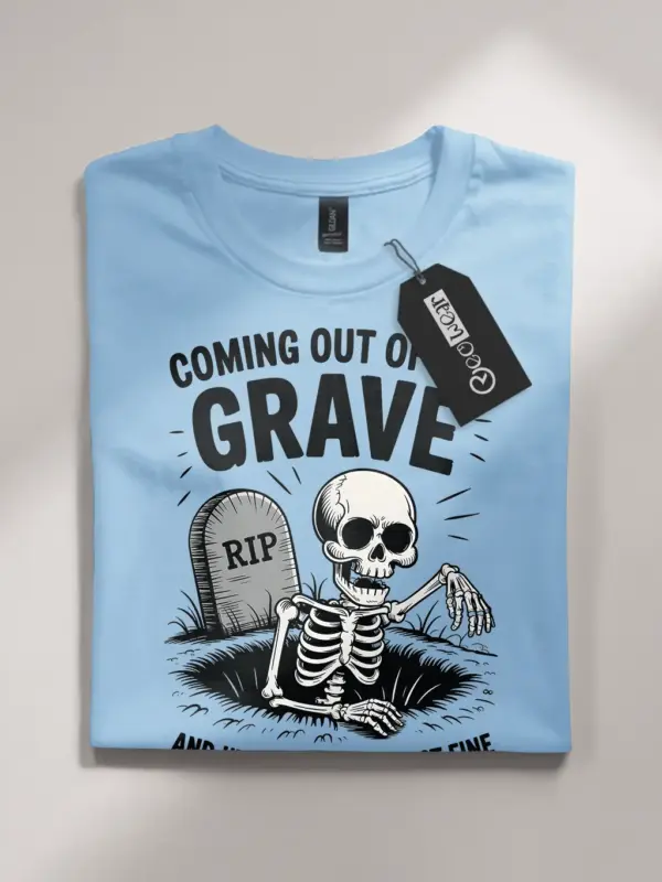 light blue front – funny skeleton grave t-shirt with cartoon tombstone