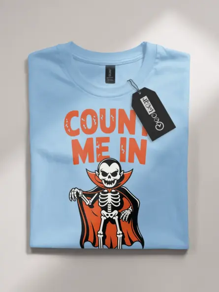 light blue flatlay Shirt Front View – Count Me In – funny vampire skeleton t-shirt