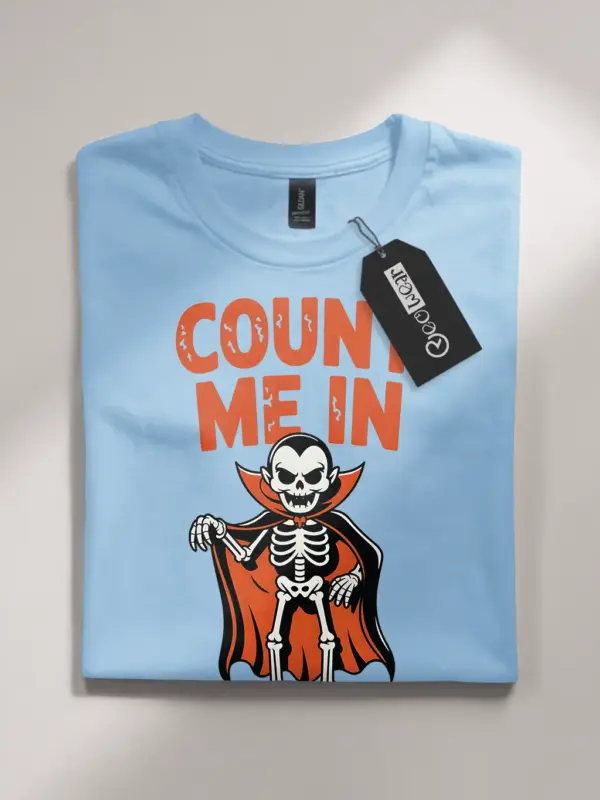 light blue flatlay Shirt Front View – Count Me In – funny vampire skeleton t-shirt
