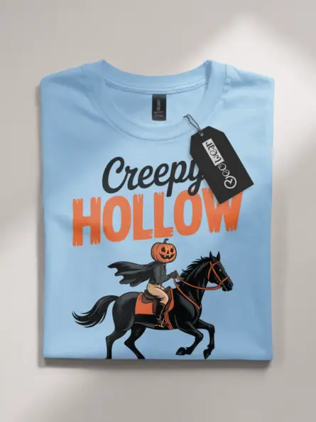 light blue flatlay Creepy Hollow vintage Halloween graphic tee