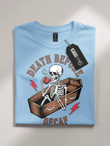 light blue flatlay front view – Distressed Coffee Meme Shirt – death before decaf vintage t-shirt