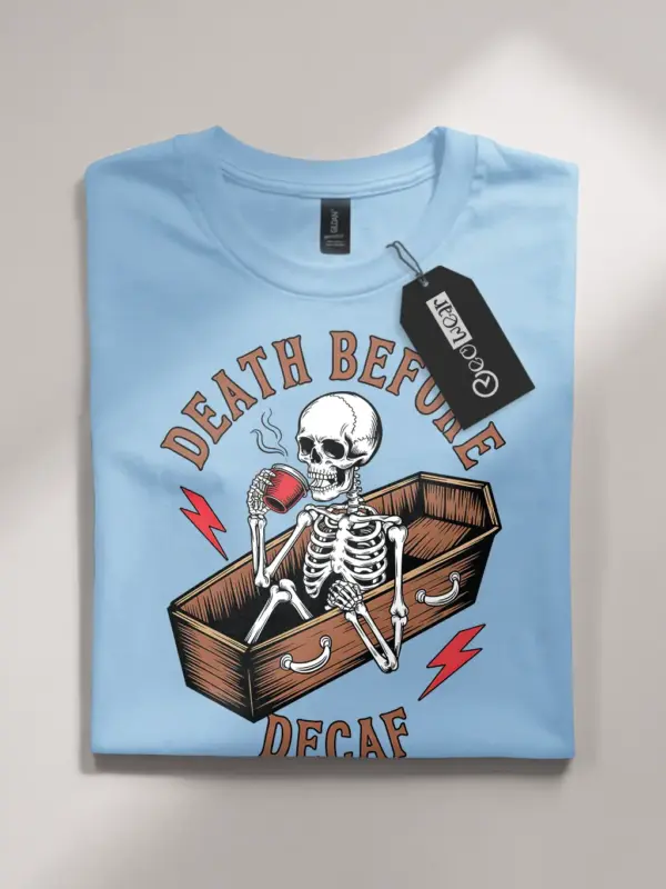 light blue flatlay front view – Distressed Coffee Meme Shirt – death before decaf vintage t-shirt