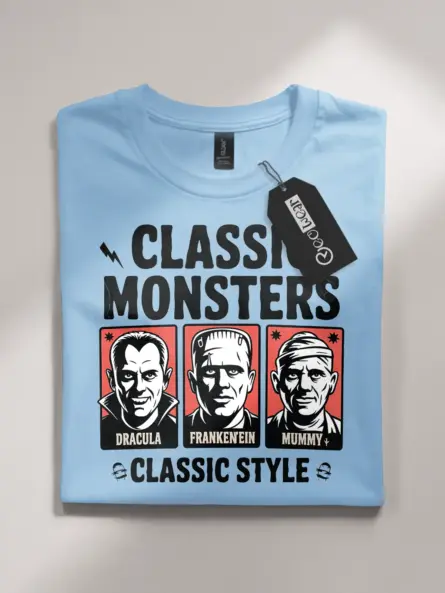 light blue flatlay Front view Classic Monsters Vintage Horror T-Shirt Mummy