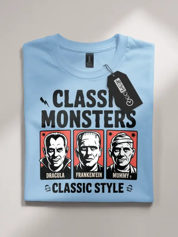 light blue flatlay Front view Classic Monsters Vintage Horror T-Shirt Mummy