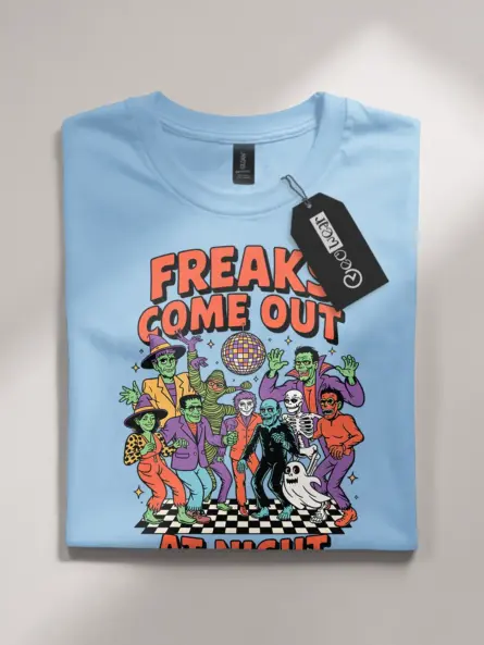 light blue flatlay front – Funny Halloween Monster Tee – freaks come out at night halloween t-shirt