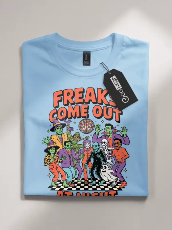 light blue flatlay front – Funny Halloween Monster Tee – freaks come out at night halloween t-shirt