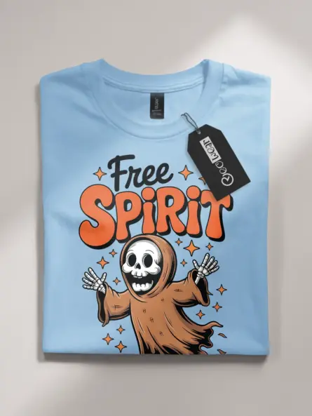 front – retro Free Spirit ghost design on light blue flatlay shirt