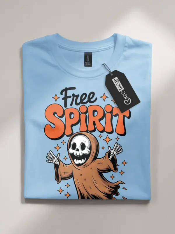 front – retro Free Spirit ghost design on light blue flatlay shirt