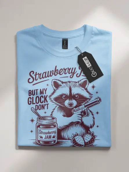 light blue flatlay Sweet But Will Throw Hands Shirt front view playful raccoon