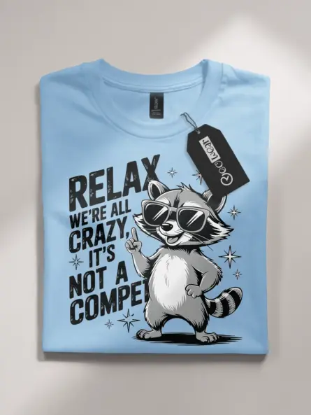 light blue flatlay front design shot funny raccoon mental health t-shirt with animal quote