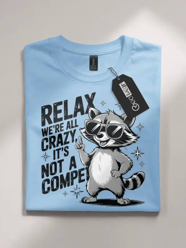 light blue flatlay front design shot funny raccoon mental health t-shirt with animal quote