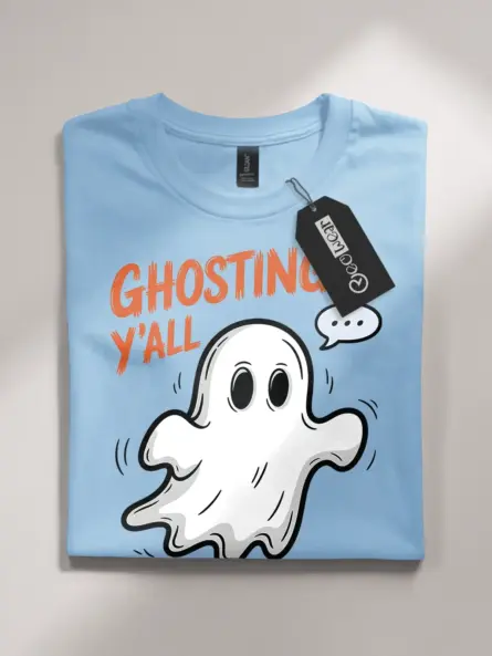 light blue flatlay Playful Spooky Ghosting T-Shirt for Halloween Fun