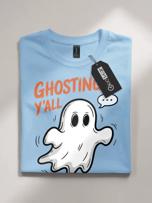 light blue flatlay Playful Spooky Ghosting T-Shirt for Halloween Fun