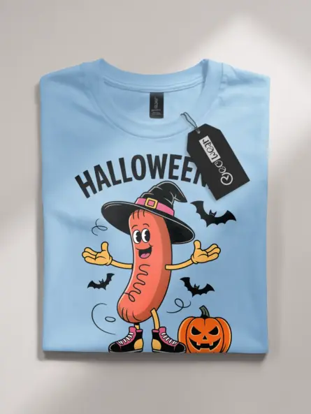 light blue flatlay front – Roller Skating Hot Dog Shirt – halloweenie hot dog t-shirt