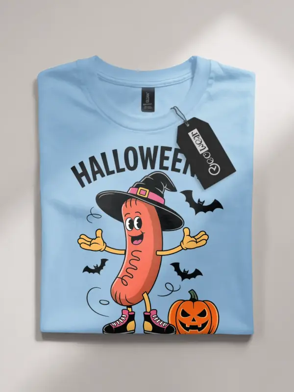 light blue flatlay front – Roller Skating Hot Dog Shirt – halloweenie hot dog t-shirt