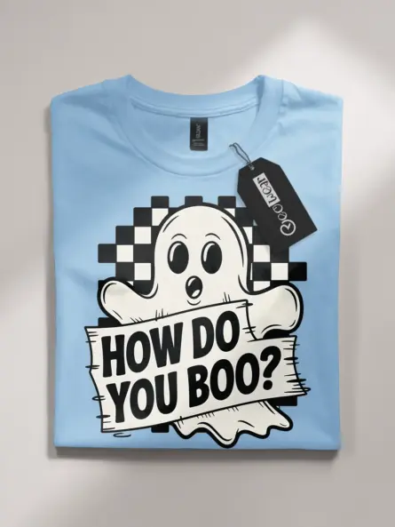 light blue flatlay front – checkerboard design cute ghost Halloween t-shirt