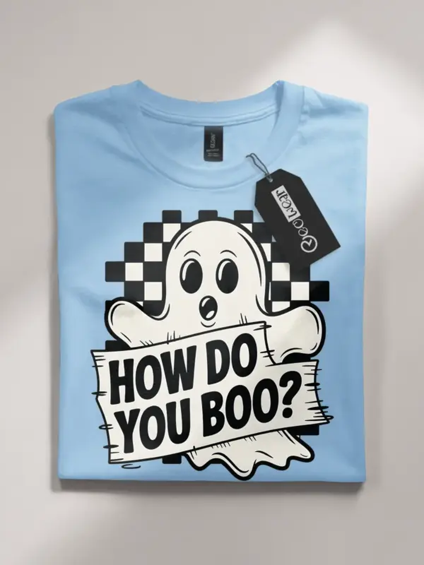 light blue flatlay front – checkerboard design cute ghost Halloween t-shirt