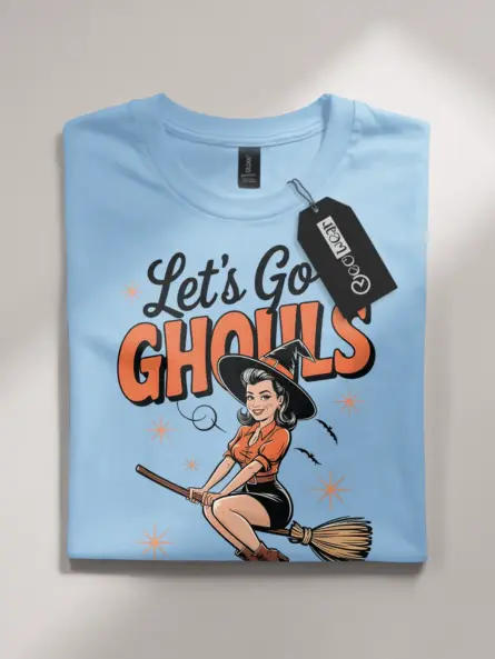 light blue flatlay front – pin-up witch graphic on retro witch Halloween t-shirt