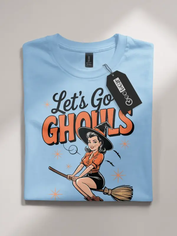 light blue flatlay front – pin-up witch graphic on retro witch Halloween t-shirt