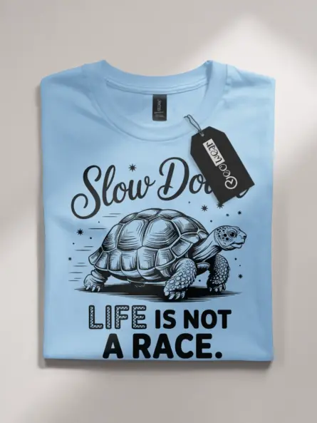 light blue flatlay front view – Slow Down Life Is Not a Race – mindfulness turtle t-shirt