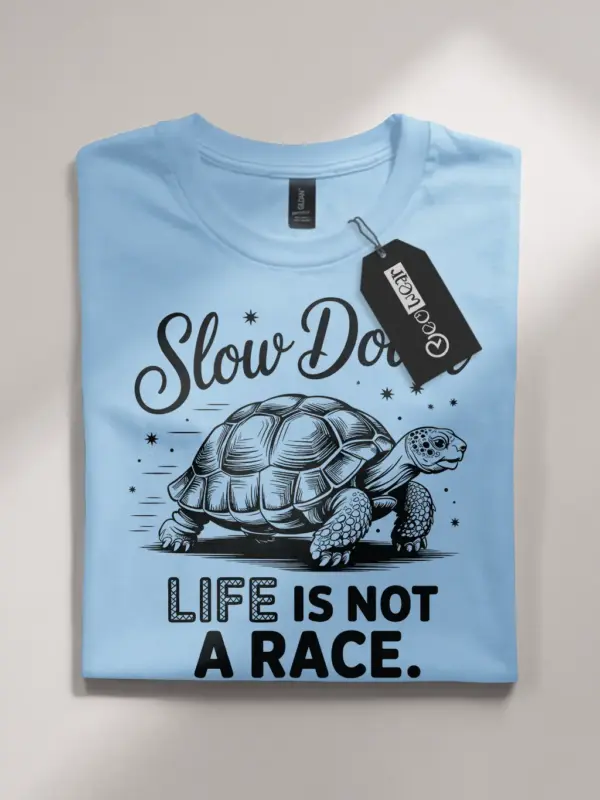 light blue flatlay front view – Slow Down Life Is Not a Race – mindfulness turtle t-shirt