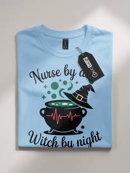 light blue flatlay front view nurse by day witch by night t-shirt EKG and witch hat