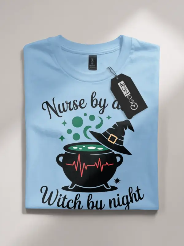 light blue flatlay front view nurse by day witch by night t-shirt EKG and witch hat