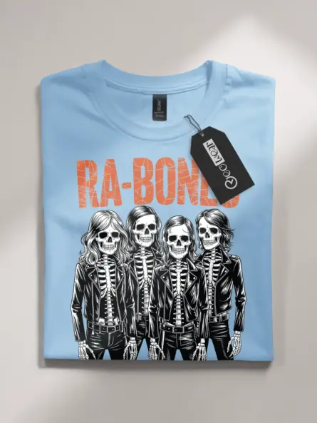 light blue flatlay punk rock skeleton band t-shirt