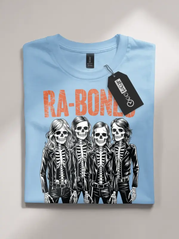 light blue flatlay punk rock skeleton band t-shirt