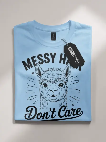 light blue flatlay messy hair dont care alpaca t-shirt close-up